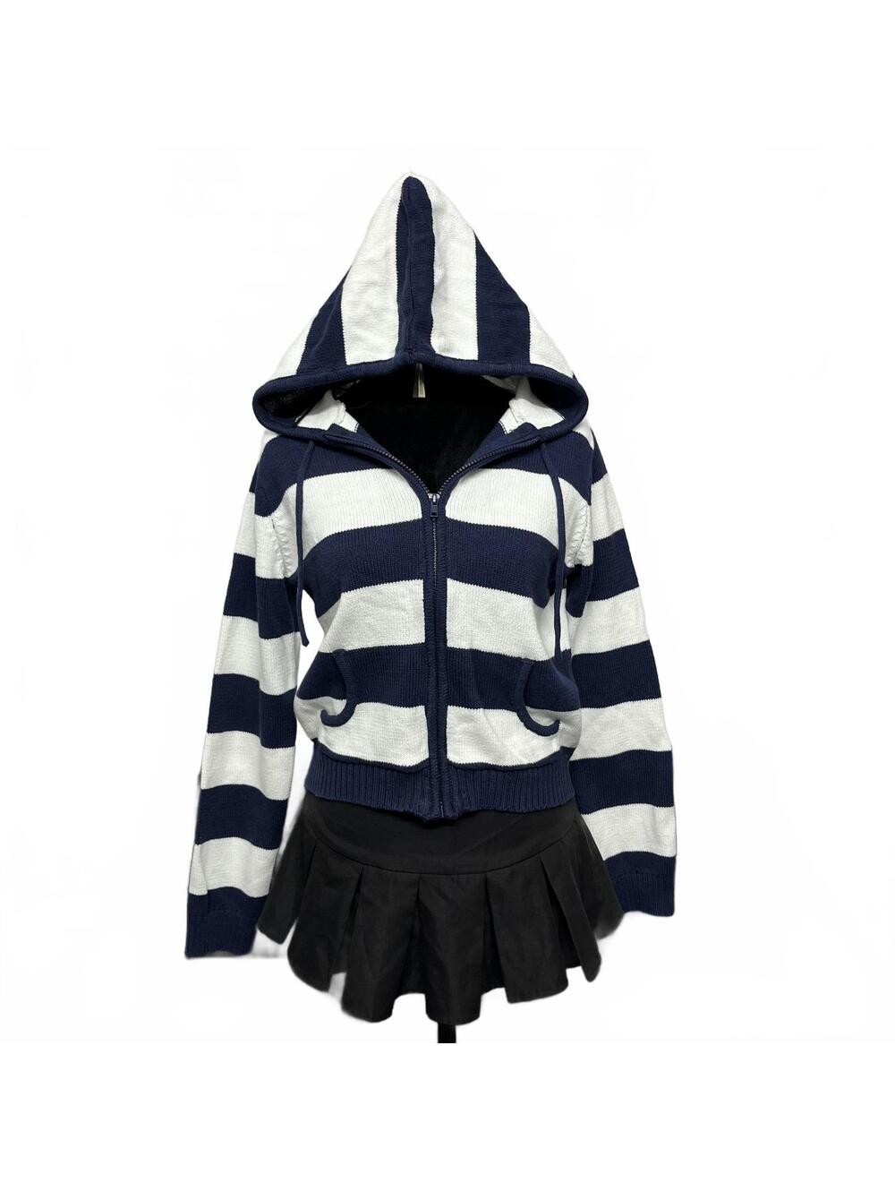 Pink Rose Sz M Navy & White Striped Knit Zip Up Hoodie Crop Fit Nautical Grunge